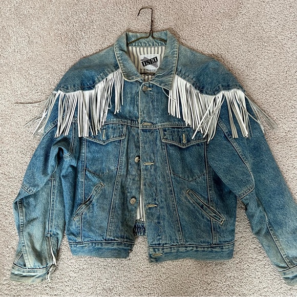 USED Jackets & Blazers - VINTAGE Denim Jean Jacket, Lined, Leather Fringe